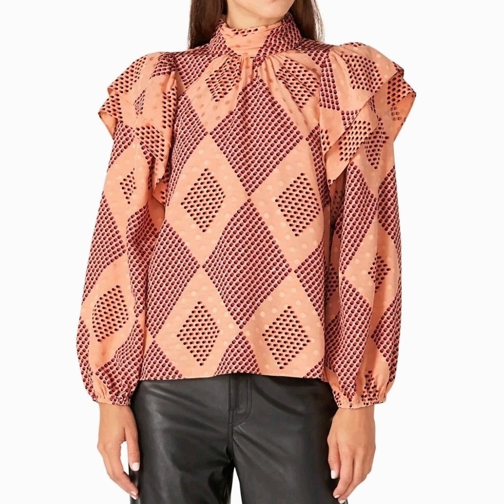 Hofmann Copenhagen Blouse‎ Women's 12 US Bella Peach Printed Puff Sleeve